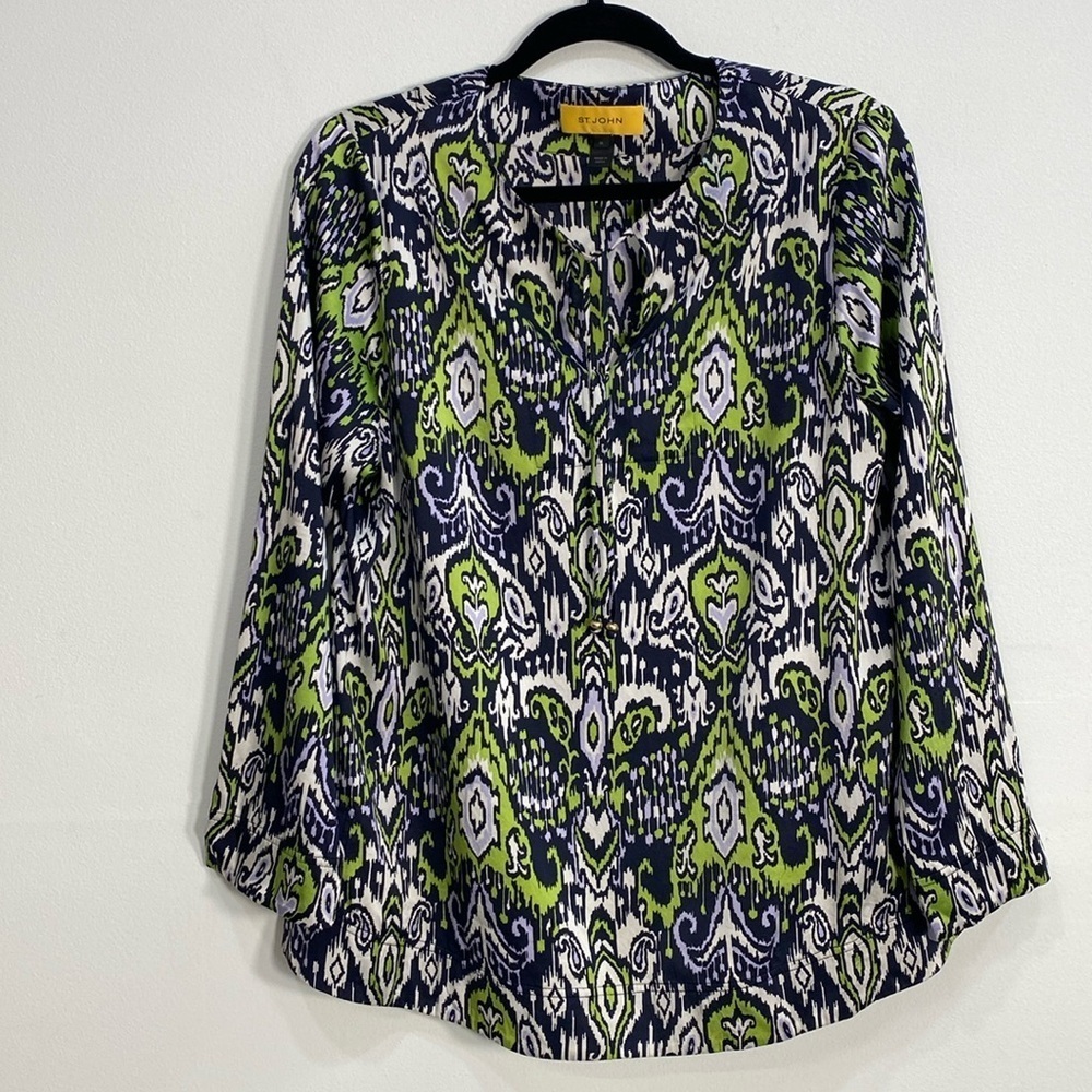 St. John By Marie Gray Silk Blouse Geometric Abstract Women's Medium